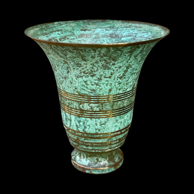 1930s Vintage Carl Sorensen Art Deco Verdigris Bronze Trumpet Vase With Gilt Rings For Sale - Image 5 of 8