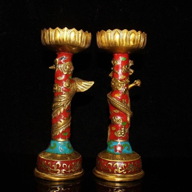 Vintage Pair of Cloisonne Candlesticks - Dragon & Phoenix Motif For Sale - Image 4 of 9