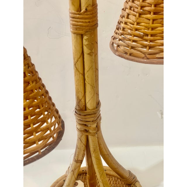 French Bamboo & Rattan Double Light Table Lamp For Sale - Image 11 of 16