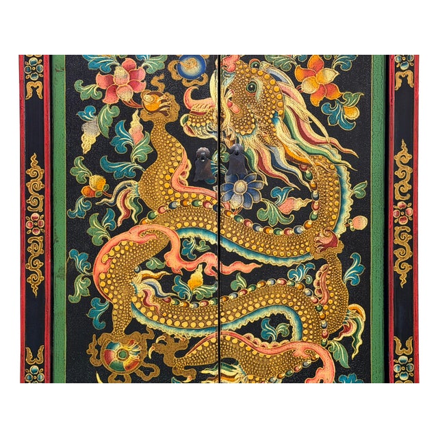 Oriental Tibetan Style Golden Dragon Graphic Tall Slim Storage Cabinet For Sale - Image 9 of 15