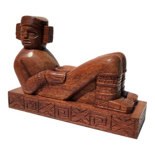 1970s Jose Pinal Mexican Chac-Mool Figure Carved Mahogany Wood Sculpture For Sale