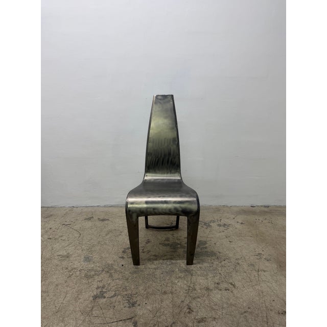 Custom welded high back steel side or occasional chair with swirl polish finish by Hothouse Designs, Canada circa 1990s.
