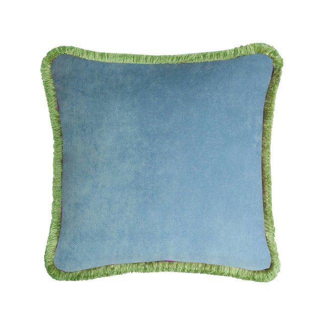 Contemporary Happy Cushion Cover in Velvet Light Blue with Green Fringes For Sale - Image 3 of 3