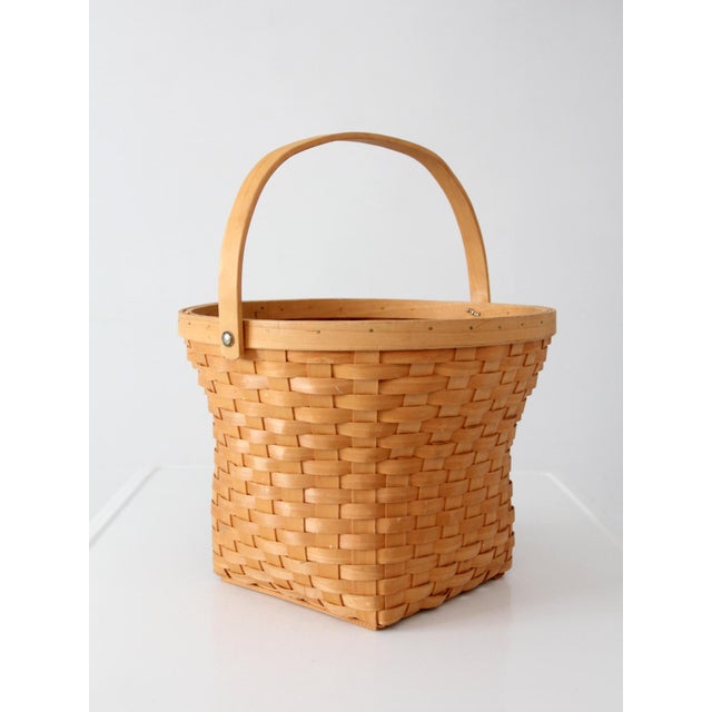 Wood Vintage Splint Weave Basket With Bail Handle For Sale - Image 7 of 16