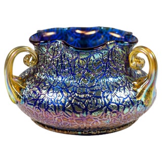 Art Nouveau Cobalt Mimosa Vase with 3 Handles from Loetz Glass, Austria-Hungary, 1911s For Sale