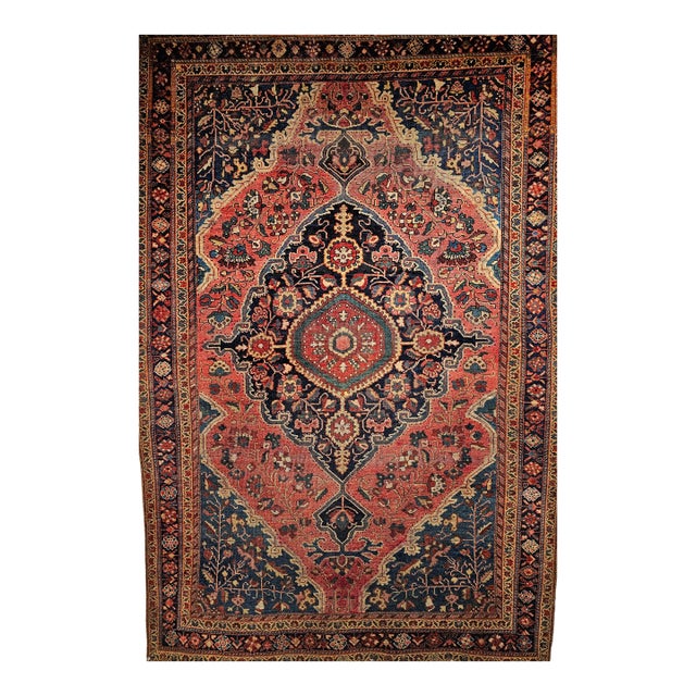 Vintage Persian Farahan Sarouk Rug, Handwoven Floral Pattern, Rust Red & Blue, 5’ X 7’ For Sale