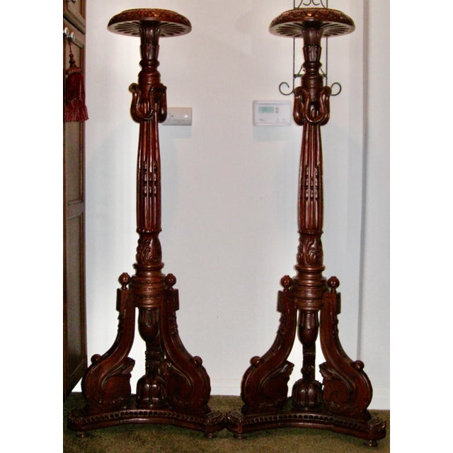 Gothic Style Reproduction Torchères Mahogany Candelabra Pedestals/Stands - a Pair For Sale - Image 13 of 13