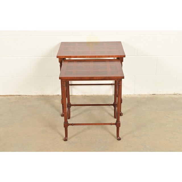 Queen Anne Baker Furniture English Regency Walnut and Burl Wood Parquet Top Nesting Tables, Pair For Sale - Image 3 of 13