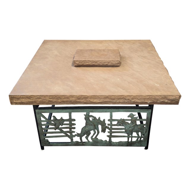 John B. Mortensen Western Sculptural Stone-Top Table, Bronze Panel For Sale