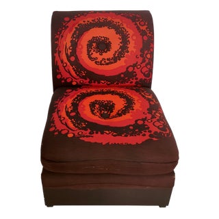 Italian Brown Lounge Chairs with Orange Red Spiral Motifs, 1970s, Set of 4 For Sale