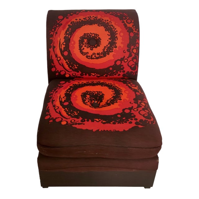 Italian Brown Lounge Chairs with Orange Red Spiral Motifs, 1970s, Set of 4 For Sale