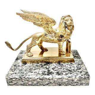 Vintage Brass Winged Lion Sculpture on Marble Base For Sale
