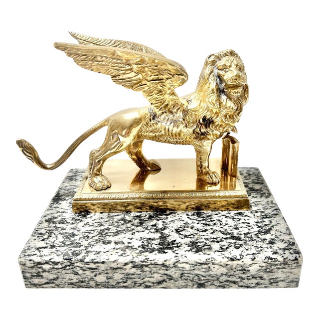 Vintage Brass Winged Lion Sculpture on Marble Base For Sale