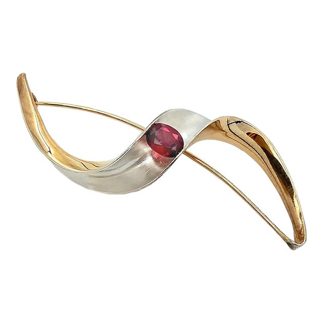 1990s Wave Pin, Modernist Silver & Gold Brooch, Gerhard Herbst Studio For Sale