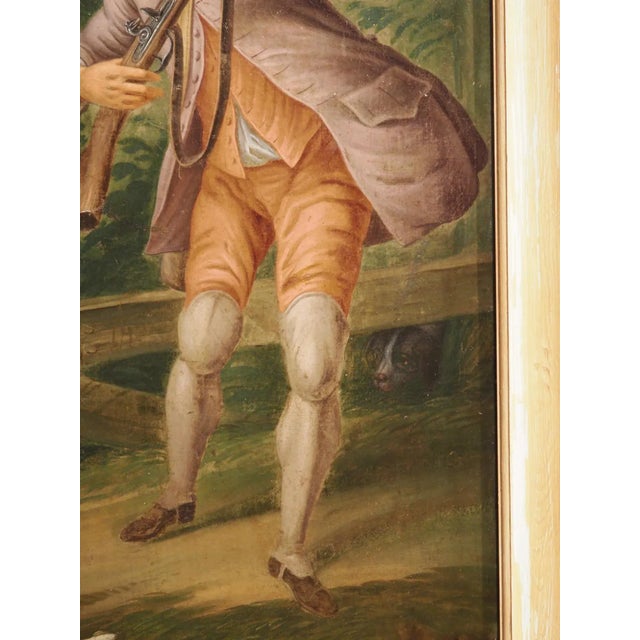 This large (96 3/4 inches high) oil on canvas painting depicts a man and his dog on a hunt in the French countryside. A...