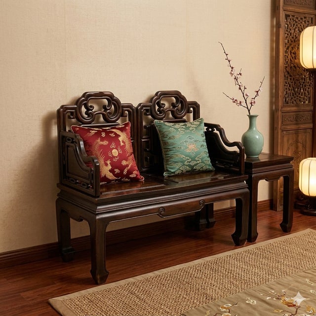 Vintage Chinese Fujian Double Seat Wood Opera Bench With Back For Sale - Image 10 of 10