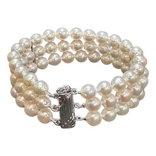 8mm Akoya Japanies Pearl Triple Strand Bracelet, Sterling Silver Clasp, 8 Inch For Sale
