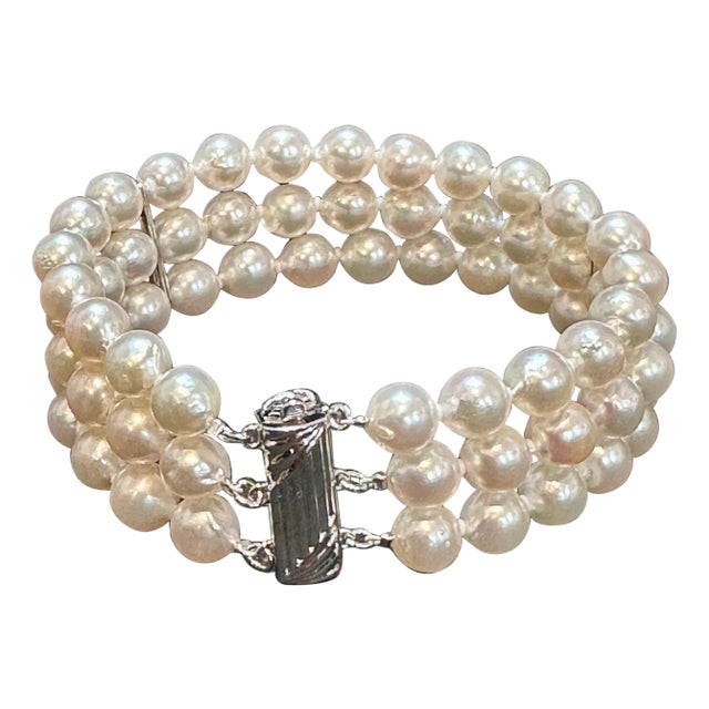 8mm Akoya Japanies Pearl Triple Strand Bracelet, Sterling Silver Clasp, 8 Inch For Sale