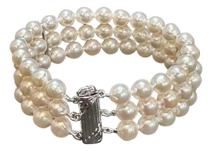 8mm Akoya Japanies Pearl Triple Strand Bracelet, Sterling Silver Clasp, 8 Inch