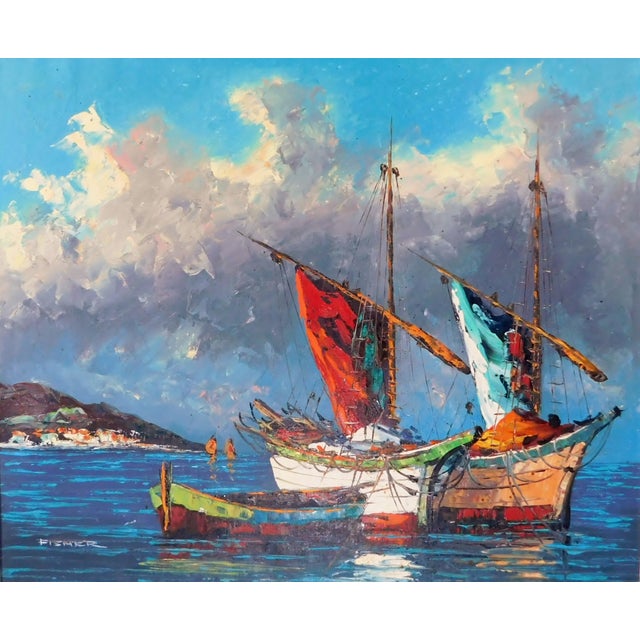 Vintage Signed Fisher Nautical Sailboat Seascape Oil Painting on Canvas
