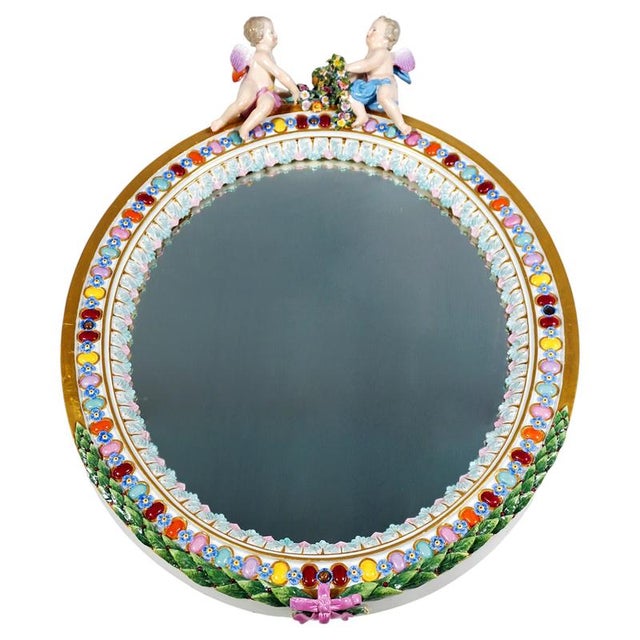 Blue Large Oval Wall Mirror Crowned with Winged Cupids by Leuteritz for Meissen, 1860s For Sale - Image 8 of 8