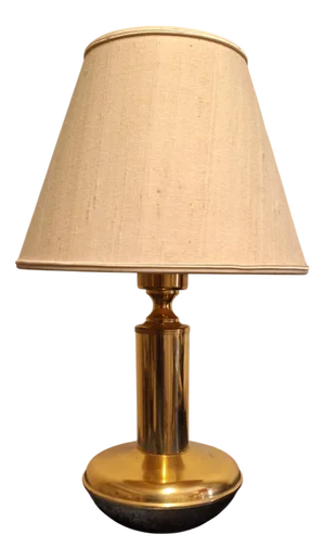 Vintage German Table Lamp with Brass Base and Cream-White Fabric Shade from Thiele-Leuchten, 1970s