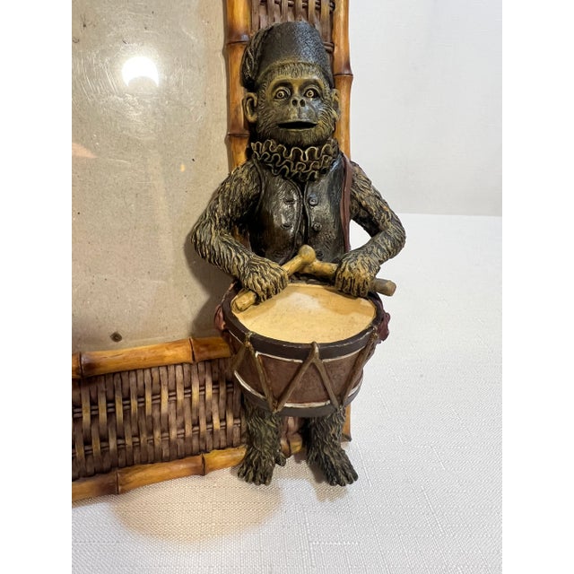Plastic Vintage Palm Beach Regency Bell Hop Monkey Playing Drummer Picture Frame With Faux Bamboo and Wicker Accents For Sale - Image 7 of 10