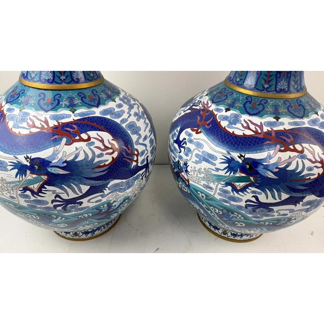 Monumental Pair of Chinese Cloisonne Enamel Blue and White Dragons Vases For Sale - Image 13 of 16