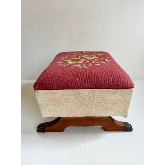 Late 20th Century Vintage Large Floral Needlepoint Footstool Ottoman With Wood and Brass Clawfeet For Sale - Image 5 of 12