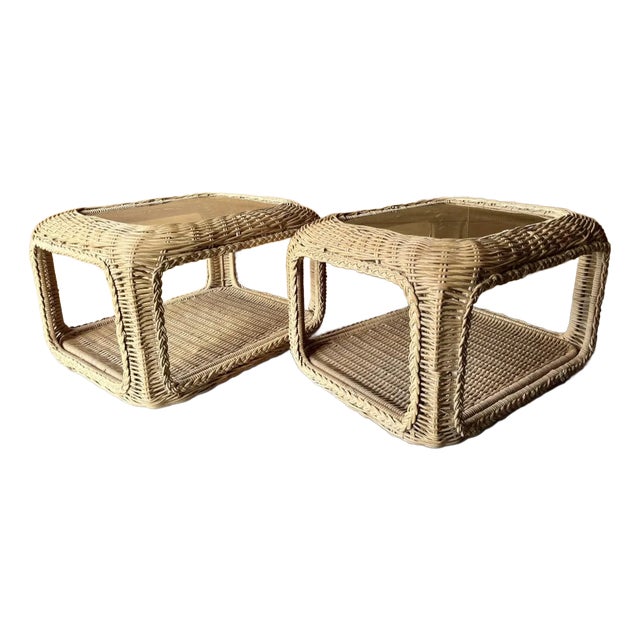 Large Braided Wicker Side Tables a Pair For Sale