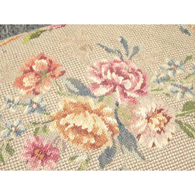 Wood Vintage French Country Tan Needlepoint Floral Tapestry on Oak Turned Legs For Sale - Image 7 of 13