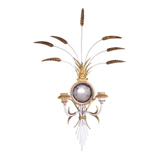Italian 20th Century Tole Giltwood Wheat Sheath Double Arm Aged Mirrored Candle Sconce For Sale