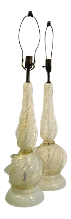 Murano Lamps With Gold Flaked Seguso Handblown Glass - a Pair