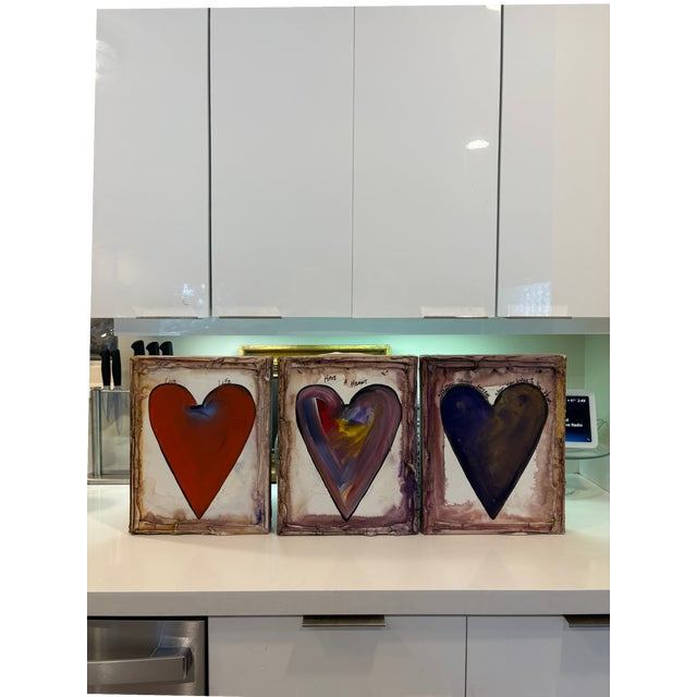 Vintage Abstract Contemporary Folk Art Mixed Media Heart Signed Paintings – Collection of Three For Sale - Image 12 of 13