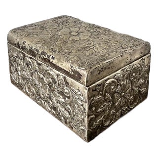 Vintage Hammered Floral Metal Box For Sale
