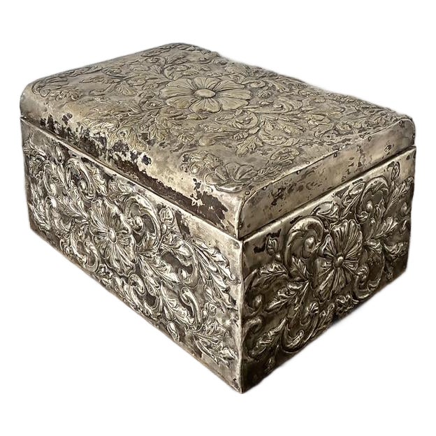 Vintage Hammered Floral Metal Box For Sale