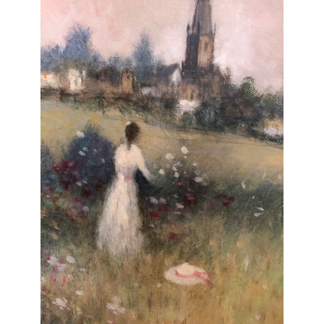 Enchanting jewel like impressionist style large landscape of a lady in flowing white dress, with a view of sheep and...