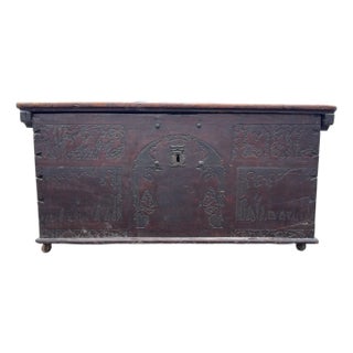 Antique Pyrography Chest Trunk Carved Wood Antique Casters Wrought Iron For Sale