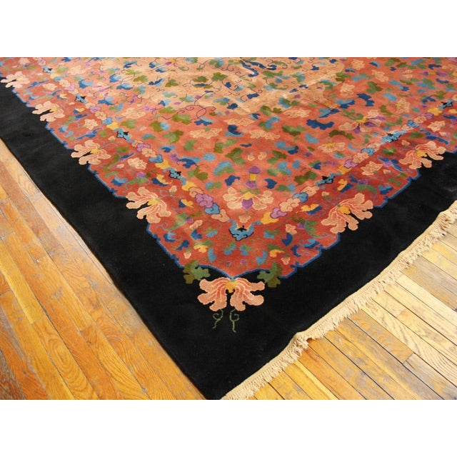1930s Pink Rose Floral Antique Chinese Art Deco Rug 9'x 11' 8" Handknotted Wool Carpet For Sale In New York - Image 6 of 6