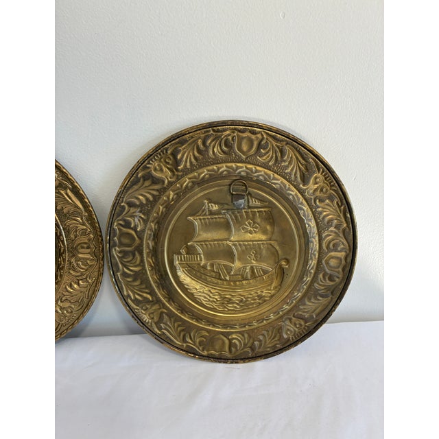 Pair of Vintage English Embossed Brass Ship Plates For Sale - Image 12 of 13