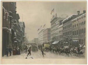 After Hippolyte Victor Sebron, Winter Scene on Broadway, New York, Hand-Colored Aquatint, 1857