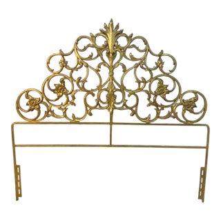 Vintage Hollywood Regency Gold Gilt Full Size Scroll Headboard – Ornate Rococo Openwork Pierced Metal Bed For Sale