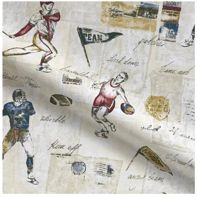 Contemporary Vintage Varsity Football Print Cotton Curtain Lined Pinch Pleat Drapes For Sale - Image 3 of 12