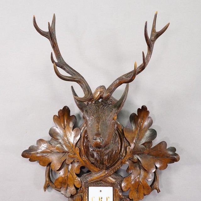 Large Wooden Carved Black Forest Weather Station With Deer For Sale - Image 4 of 13