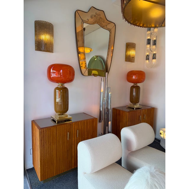 Contemporary Pair of Brass and Red Murano Glass Bulb Shade Lamps, Italy For Sale - Image 12 of 12