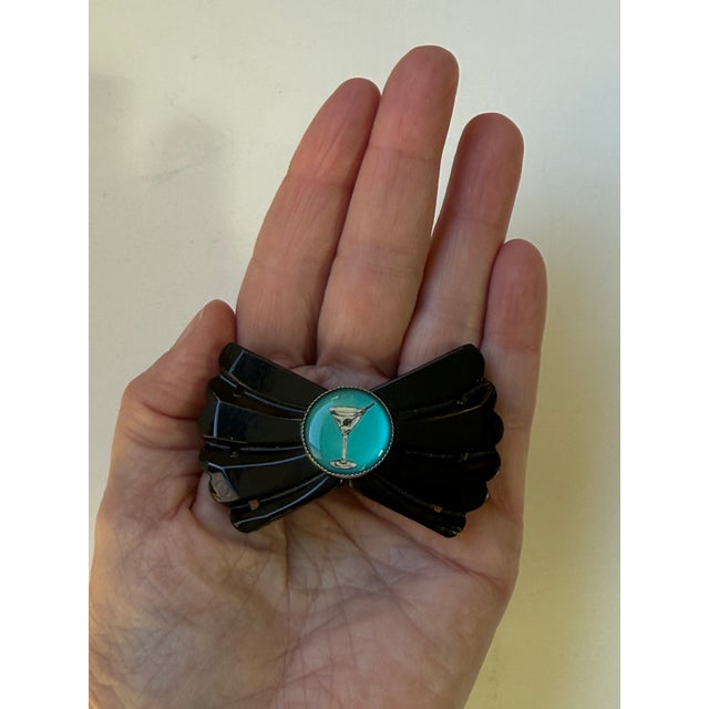 1930s Rare Vintage 1930s Carved Black Bakelite Convertible Belt Buckle & Brooch - Martini Glass Cabochon For Sale - Image 5 of 8
