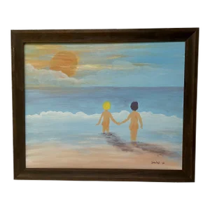 2000s Impressionistic Seascape "Let's Go Swimming" Oil Painting on Canvas by Danos, Framed