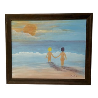 Impressionistic Seascape "Let's Go Swimming" Oil Painting on Canvas by Danos, Framed For Sale
