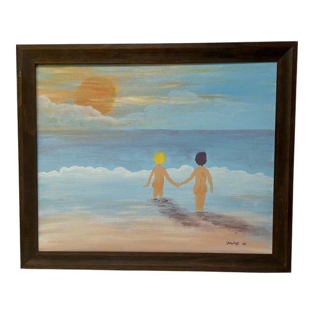 Impressionistic Seascape "Let's Go Swimming" Oil Painting on Canvas by Danos, Framed For Sale