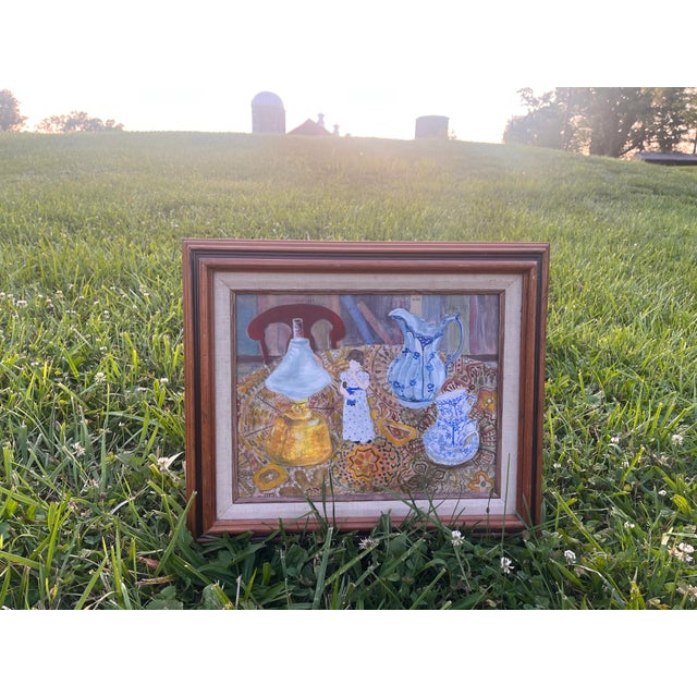 Vintage original oil painting on canvas, still life composition featuring a brass kerosene lamp, blue-and-white porcelain...